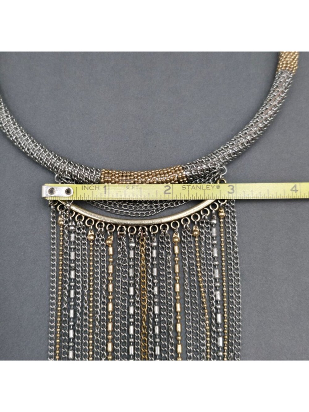 Vintage Two Tone Metal Mesh Collar Necklace Gold Silver Waterfall Fringe Choker - Picture 10 of 15